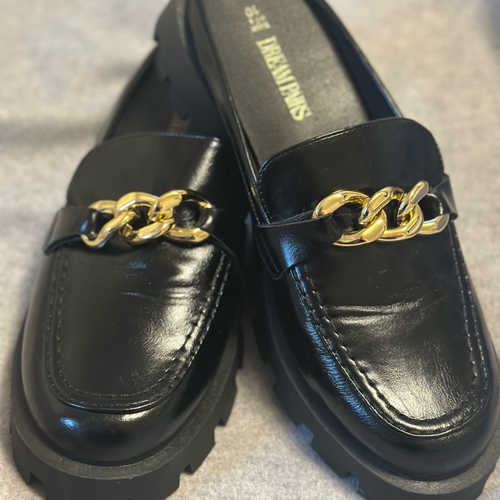 Dream Pairs Shiny Black Loafers with Gold Accent
